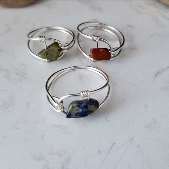 Handmade silver color non fade rings semi precious stones - Picture 1 of 6
